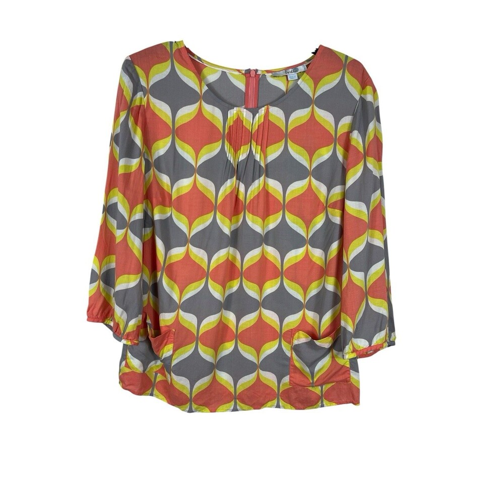 Boden Women’s 12 Blouse Retro Mod Geometric Print Coral Gray Yellow Viscose